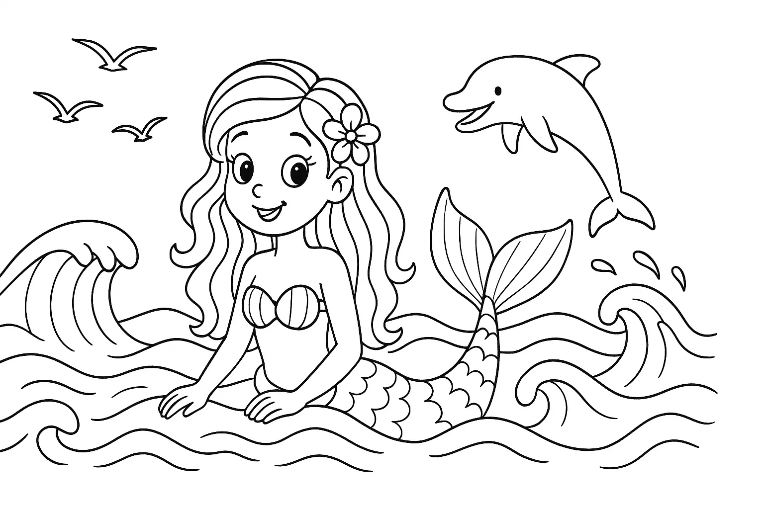 Mermaid with Dolphin – Free Coloring Page for Kids