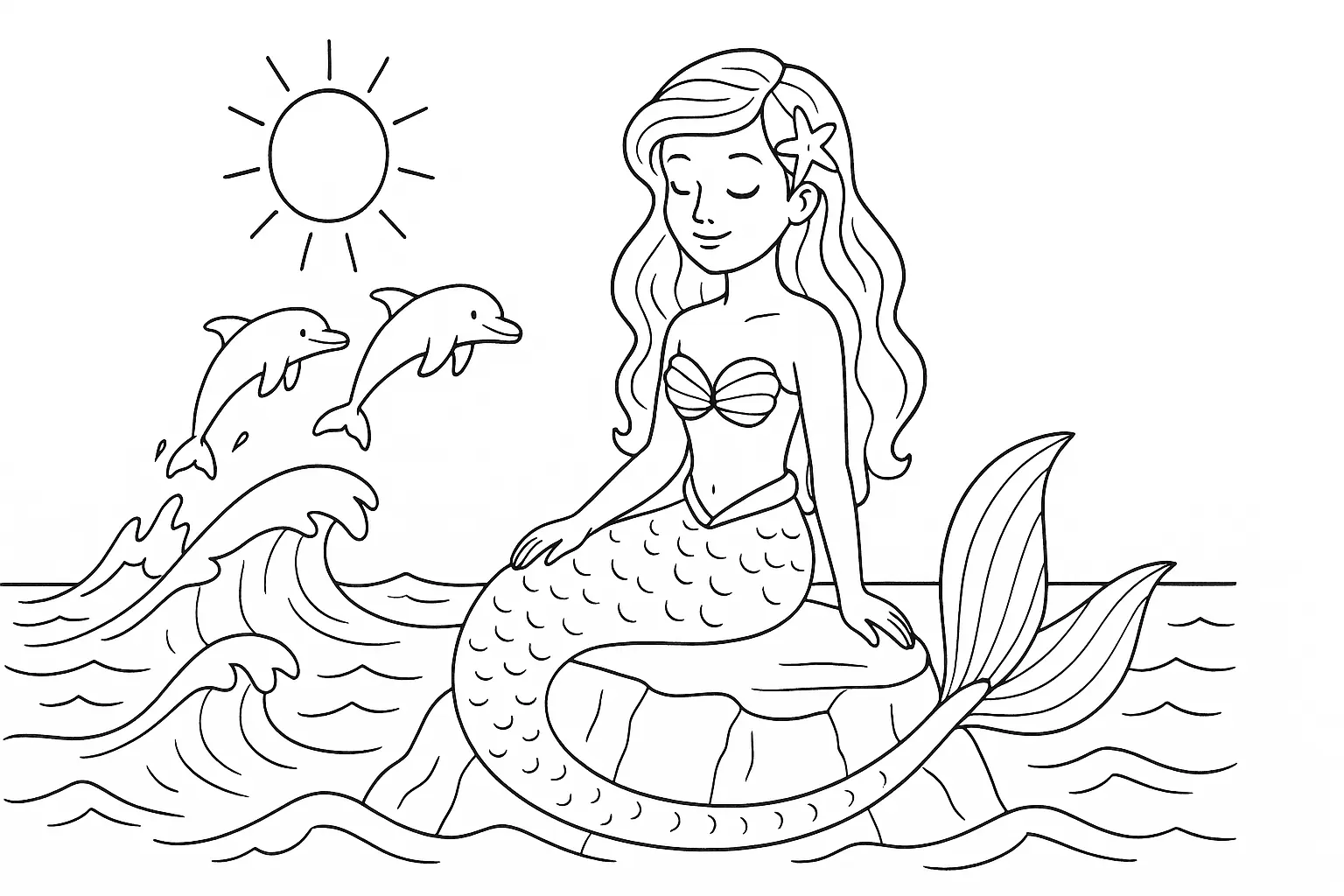 Mermaid with Dolphins – Enchanting Coloring Page