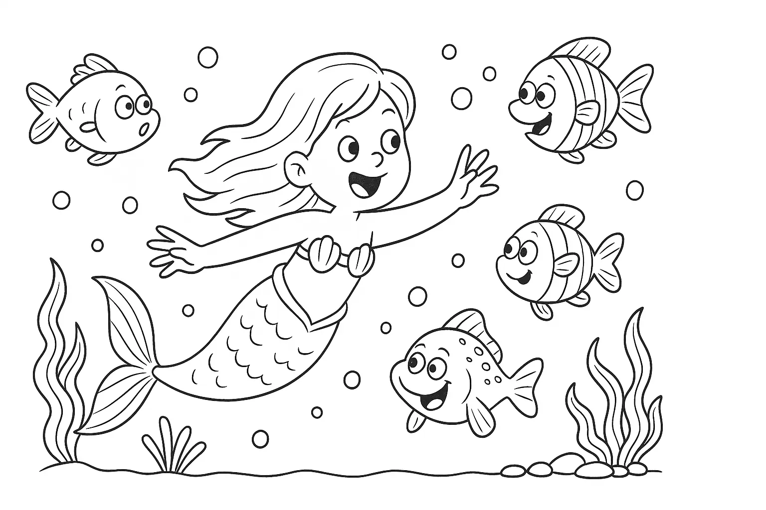Mermaid with Fish – PDF Coloring Page