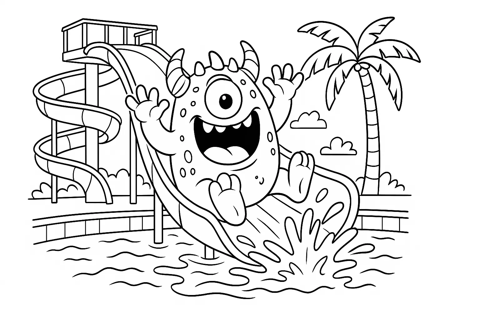 Monster on a Waterslide – Cheerful Coloring Page