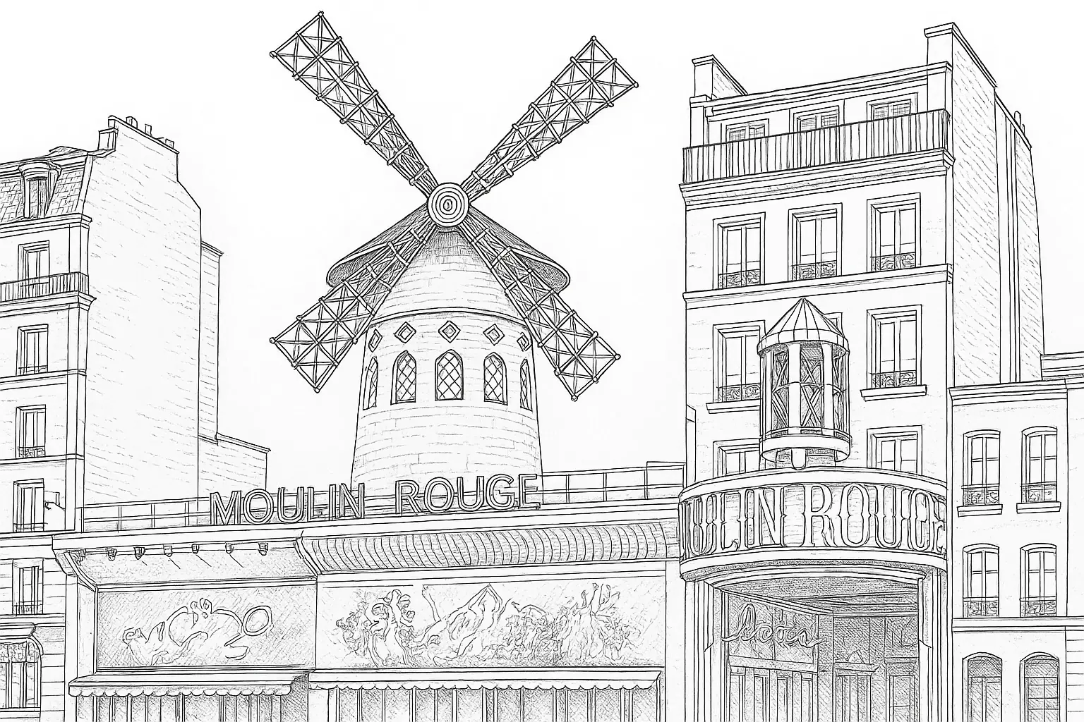 Moulin Rouge Coloring Page: Paris Landmark Template