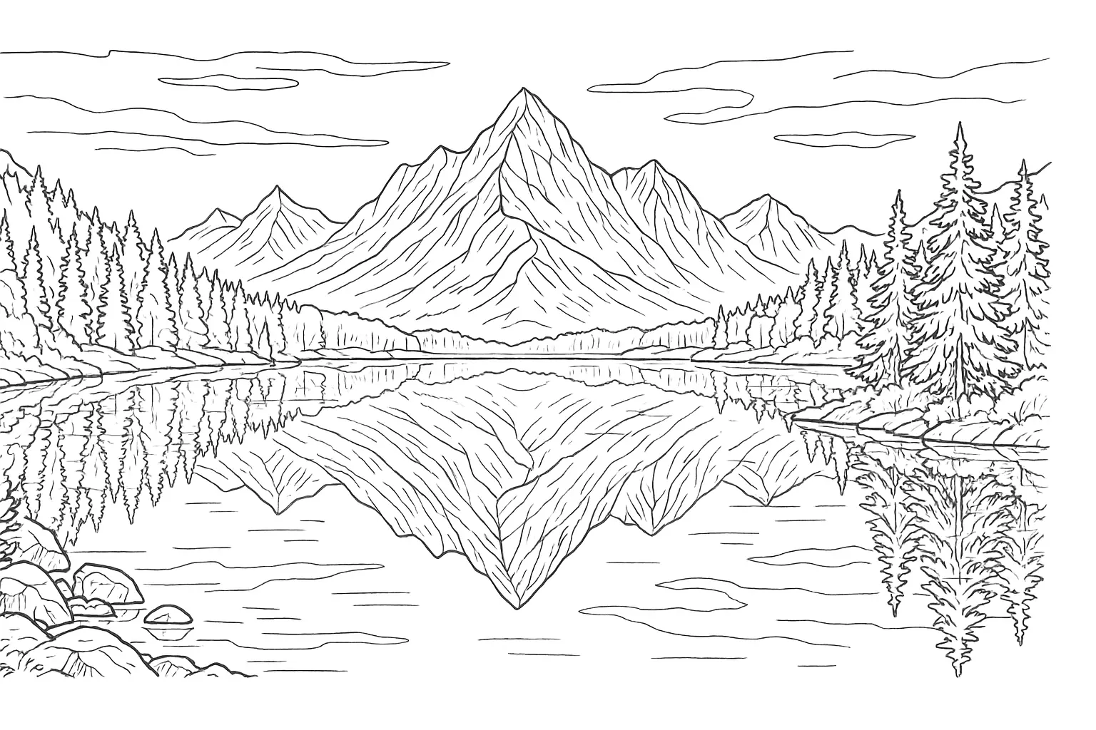 Mountain Lake Coloring Page – Free Template of Mountains and Nature