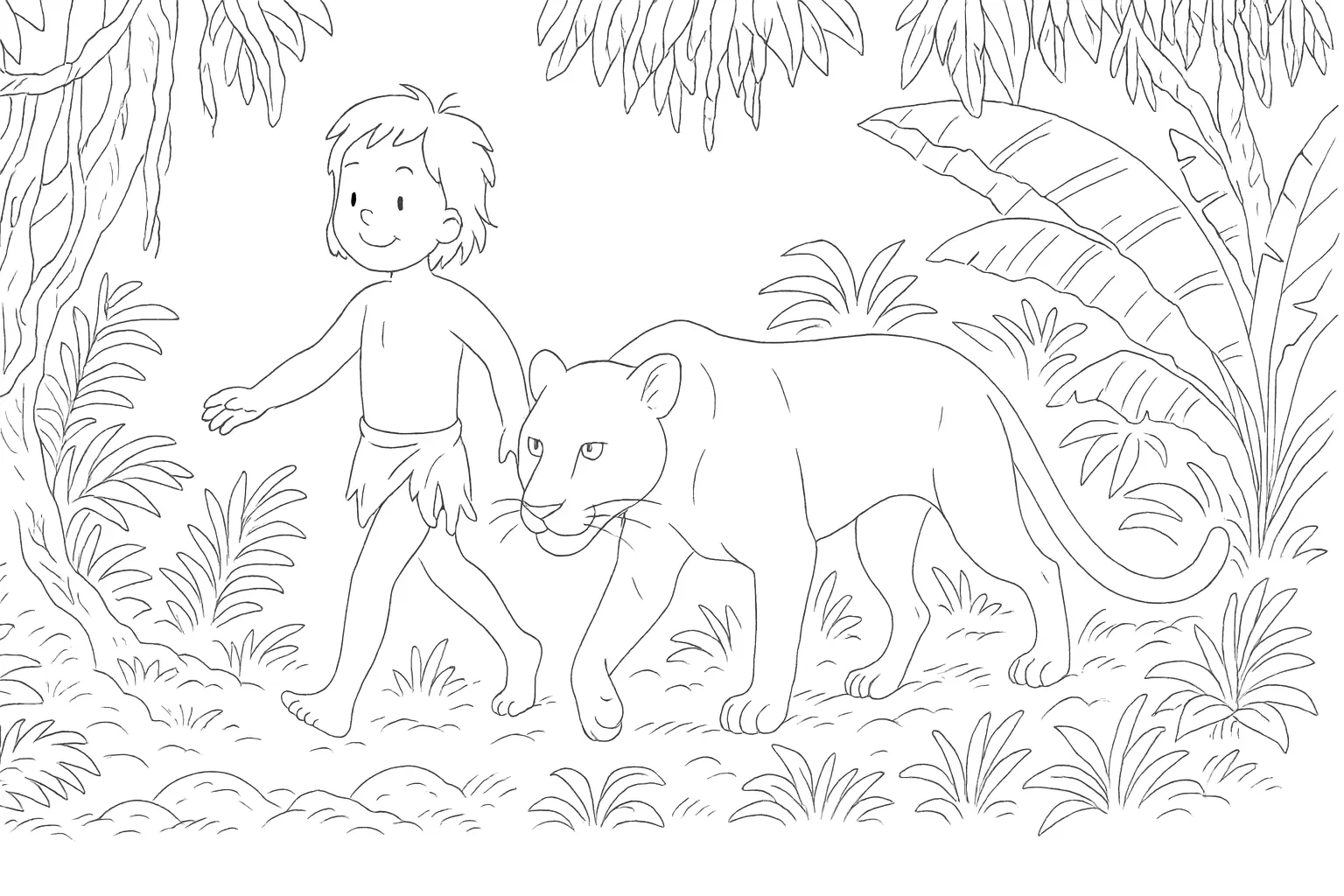 Mowgli and Bagheera – Jungle Book Coloring Page