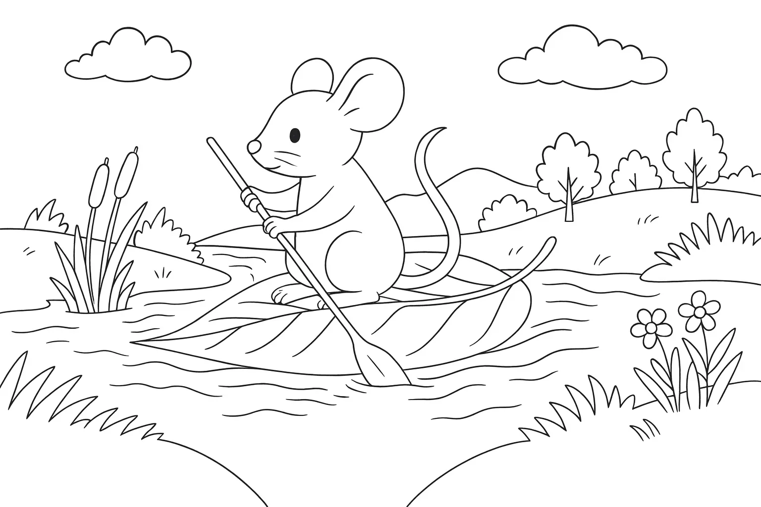 Nature Coloring Page – Mouse on Stream with Paddle & Boat