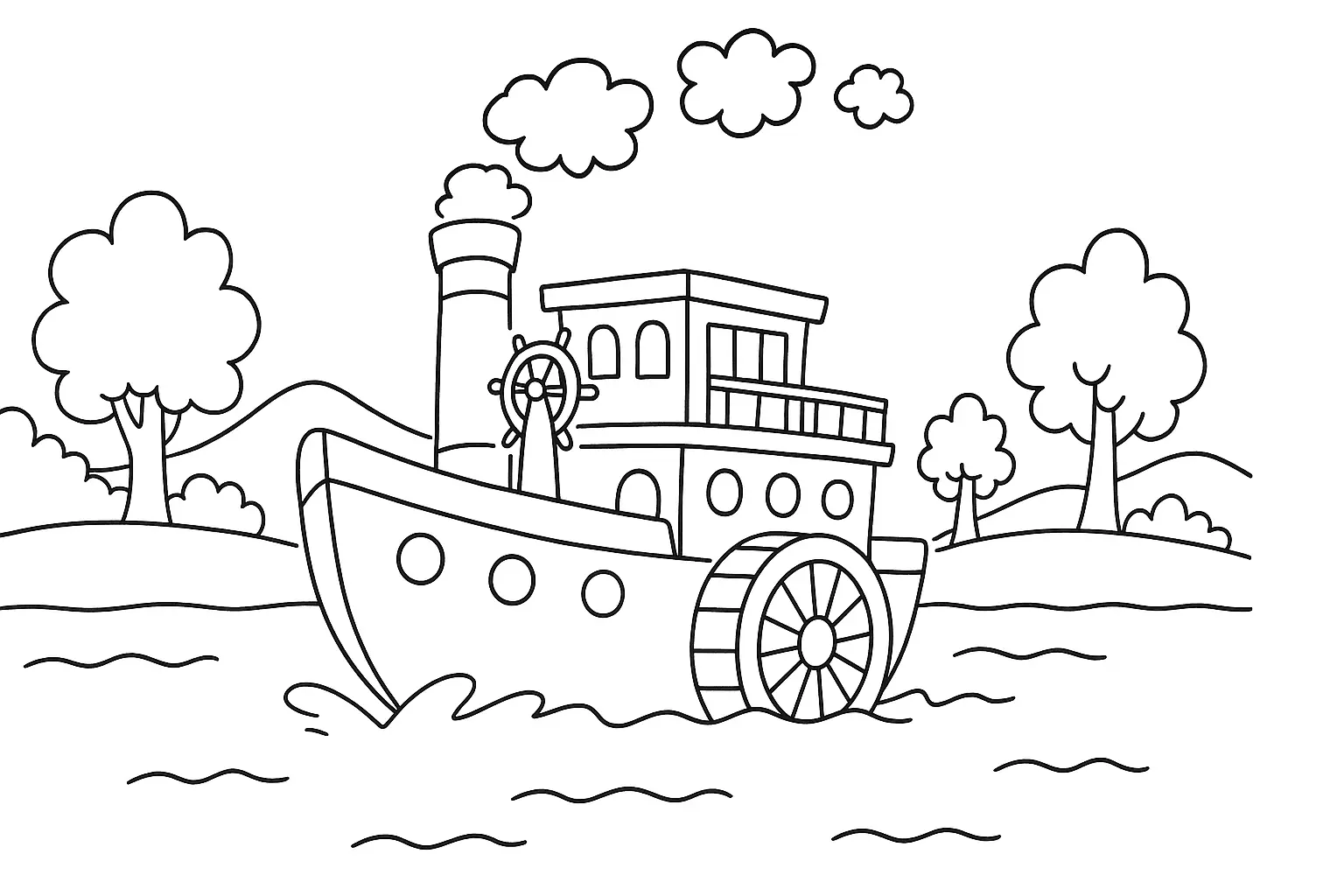 Paddle Steamer on the River – Coloring Page with Landscape