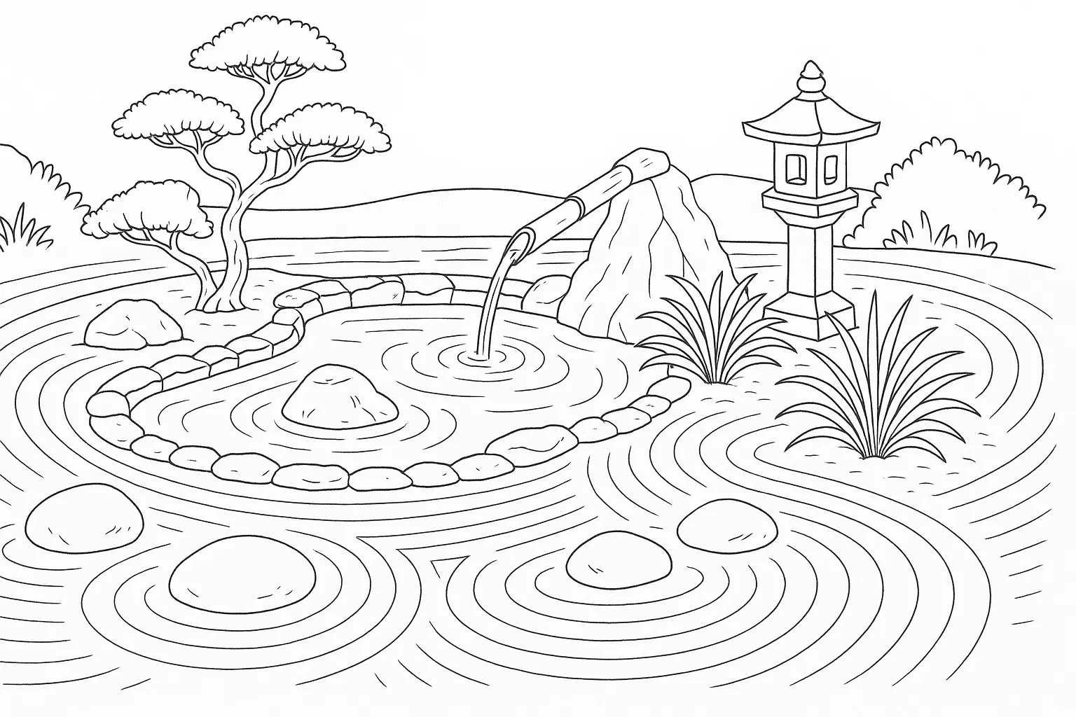 PDF Template: Japanese Garden with Pond & Zen Motifs