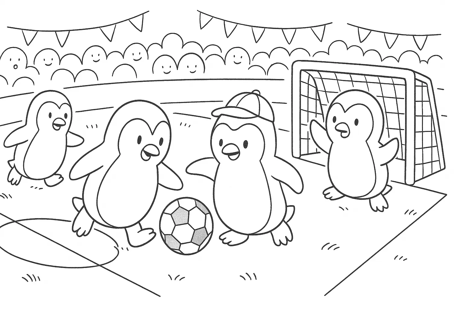 Penguins Play Soccer – Coloring Page with Stadium & Goal