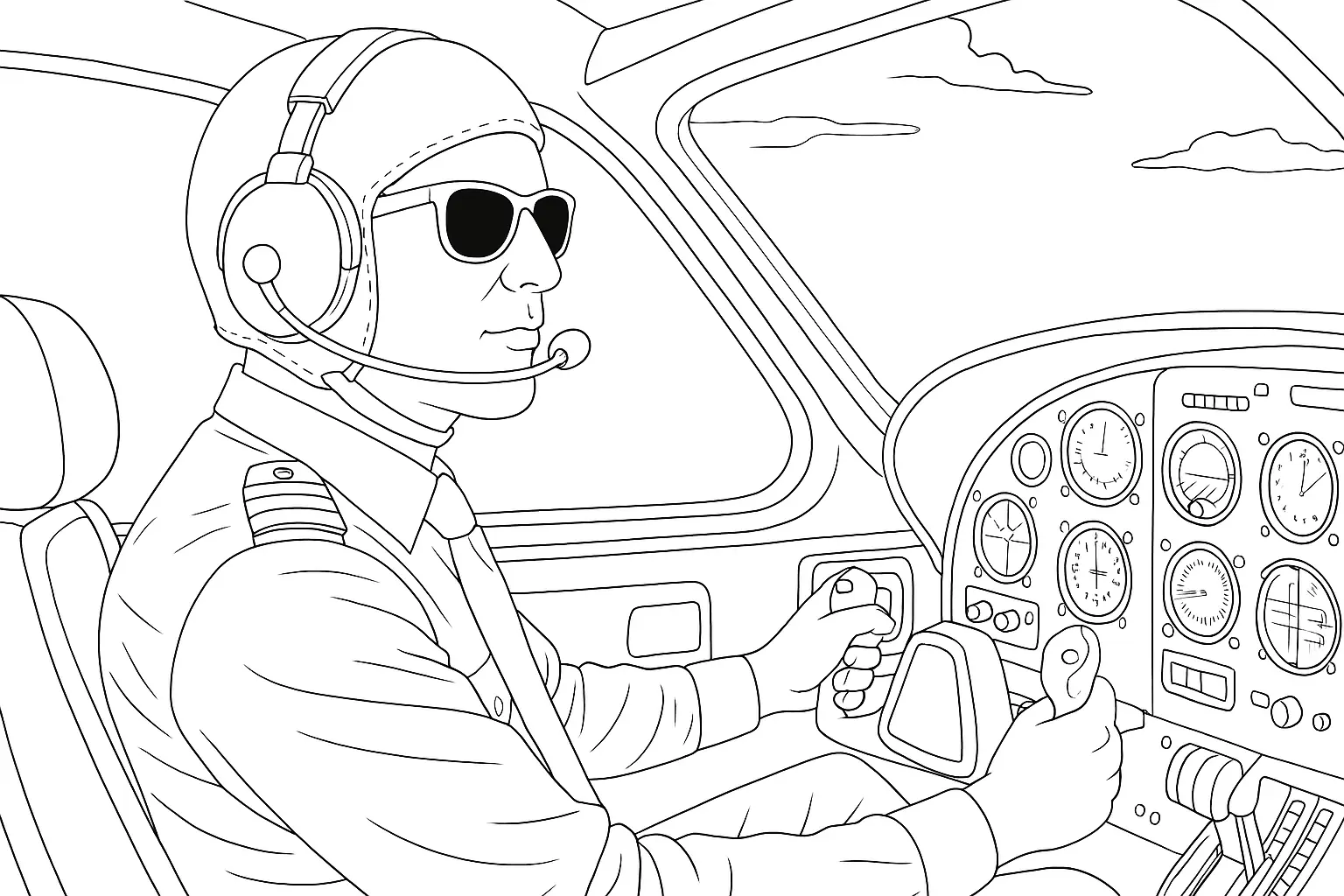 Pilot in Cockpit Coloring Page – Free PDF to Print