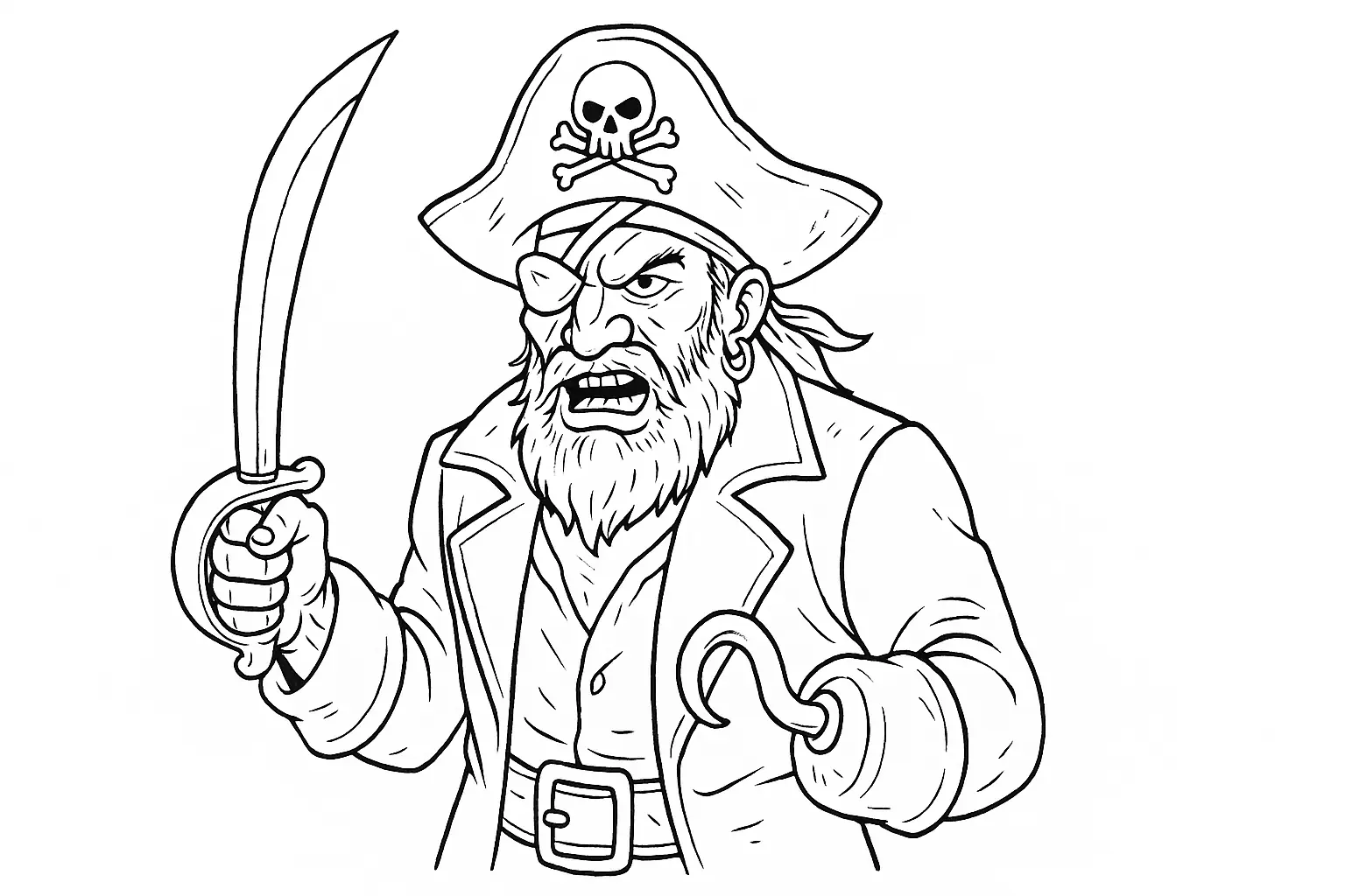 Pirate with Sabre and Hook – Free Coloring Page