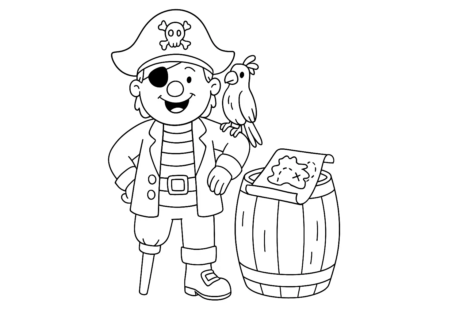 Pirate with Wooden Leg and Parrot – Free Coloring Page