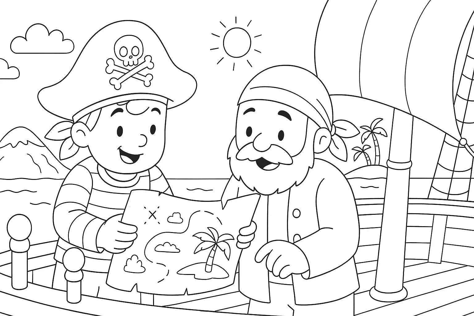 Pirates with Treasure Map – Free Coloring Page