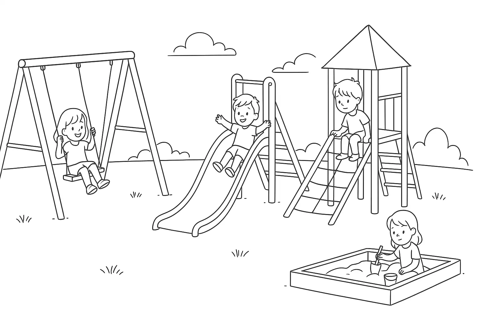 Playground Coloring Page: Template with Children to Print