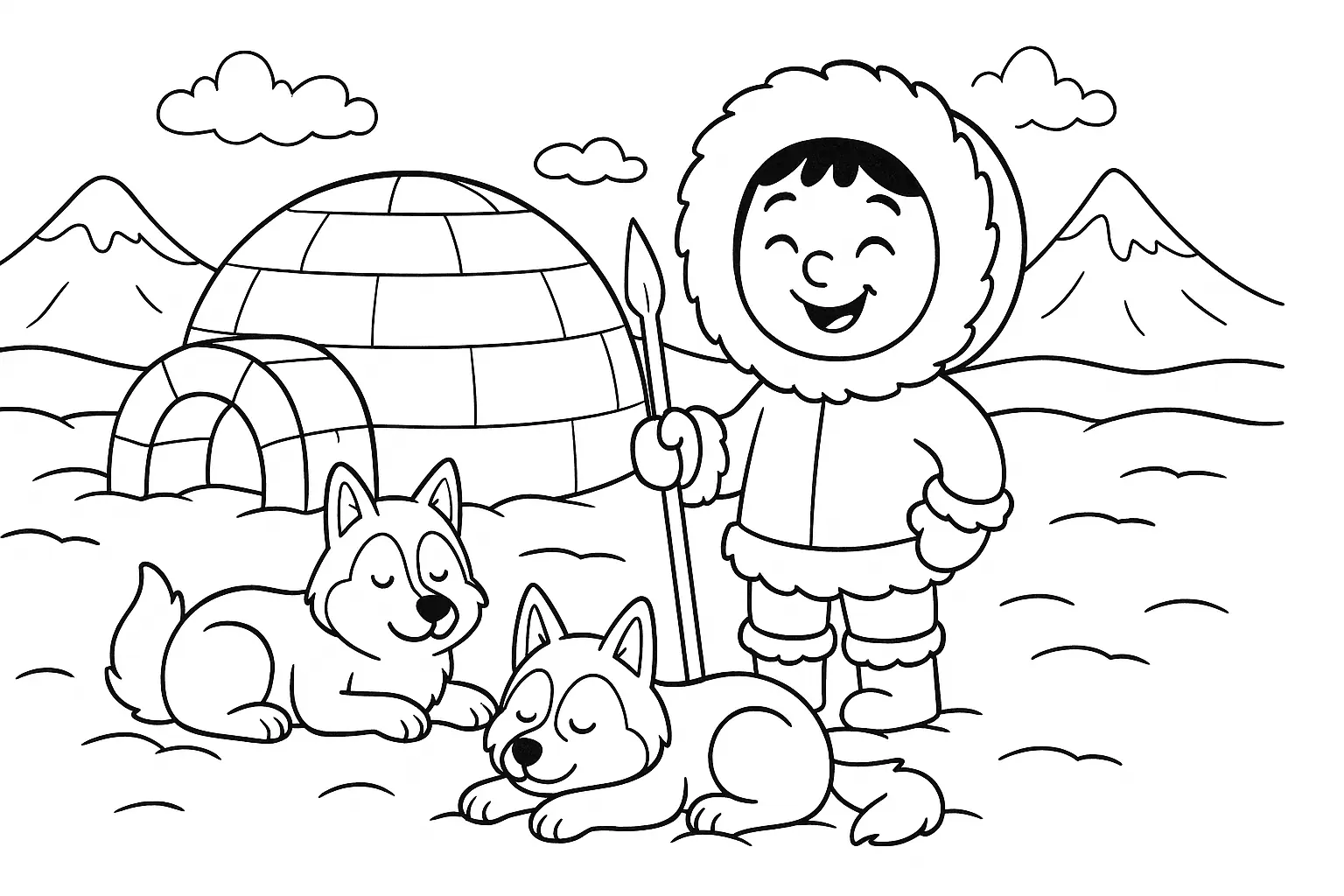 Polar Fun – Coloring Page with Igloo, Child & Dogs