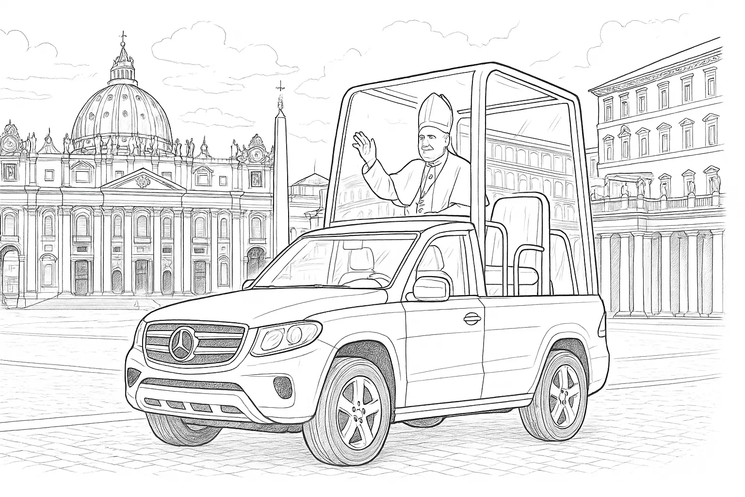 Pope in Popemobile – Religious Coloring Page for Kids