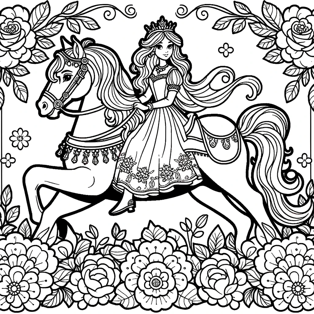 Princess on Horse in Floral Frame - Enchanting Coloring Experience