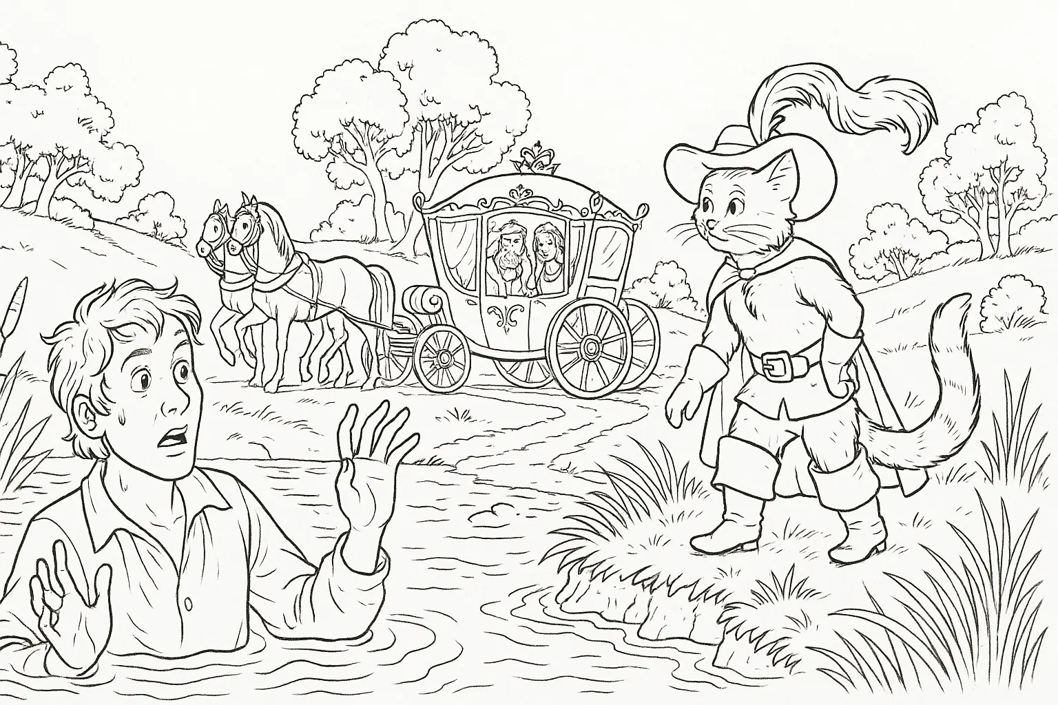 Puss in Boots by the River – Coloring Page