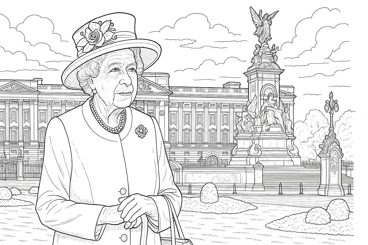 Queen Elizabeth at the Palace – Coloring Page for Adults