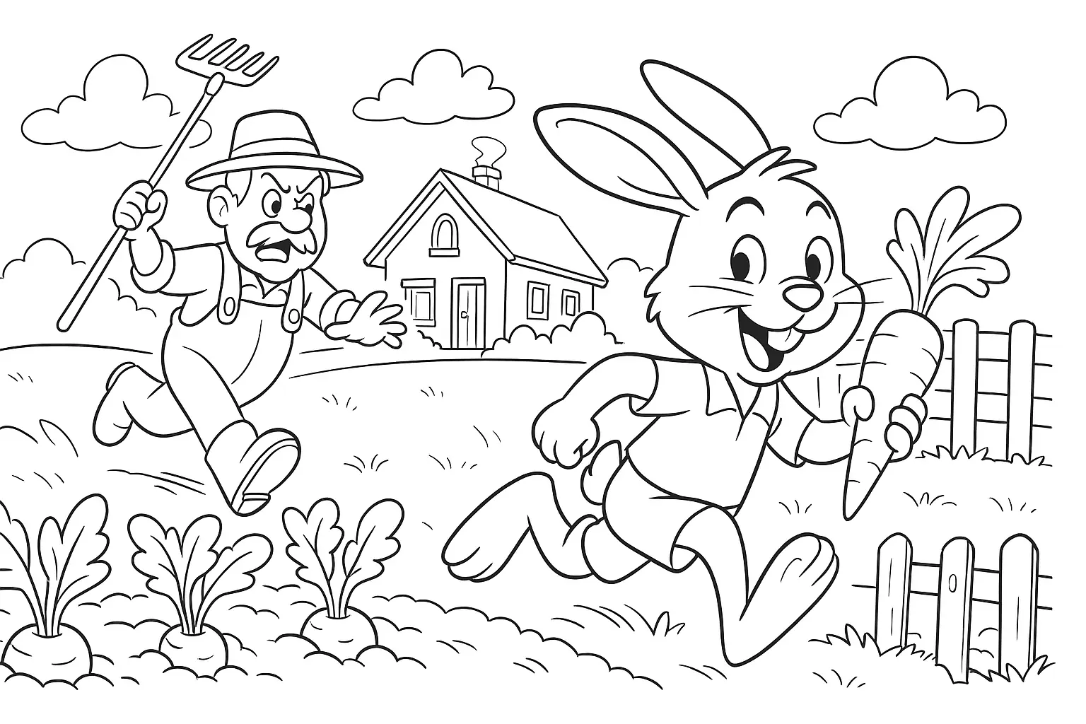 Rabbit Chase in the Garden – Action Coloring Page