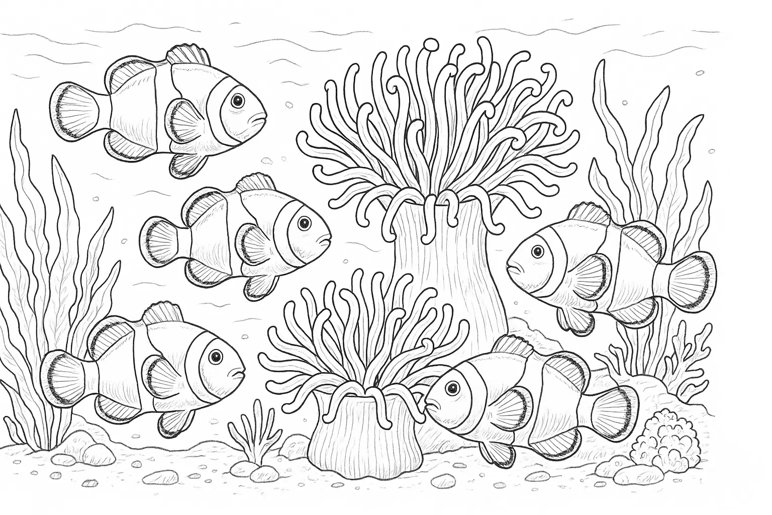 Realistic Coloring Page: Clownfish with Reef & Plants