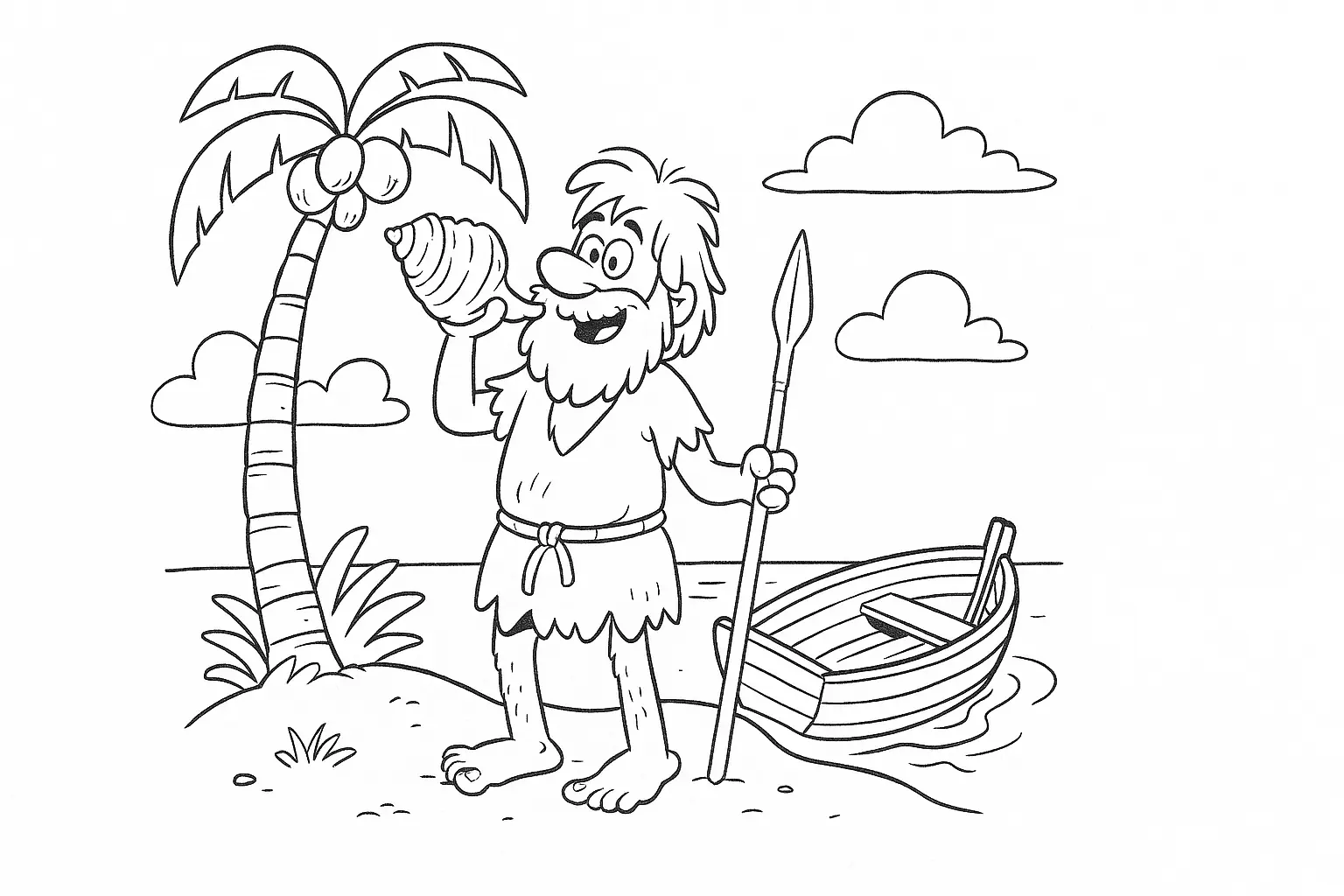 Robinson Coloring Page: Man, Boat & Palm on Island