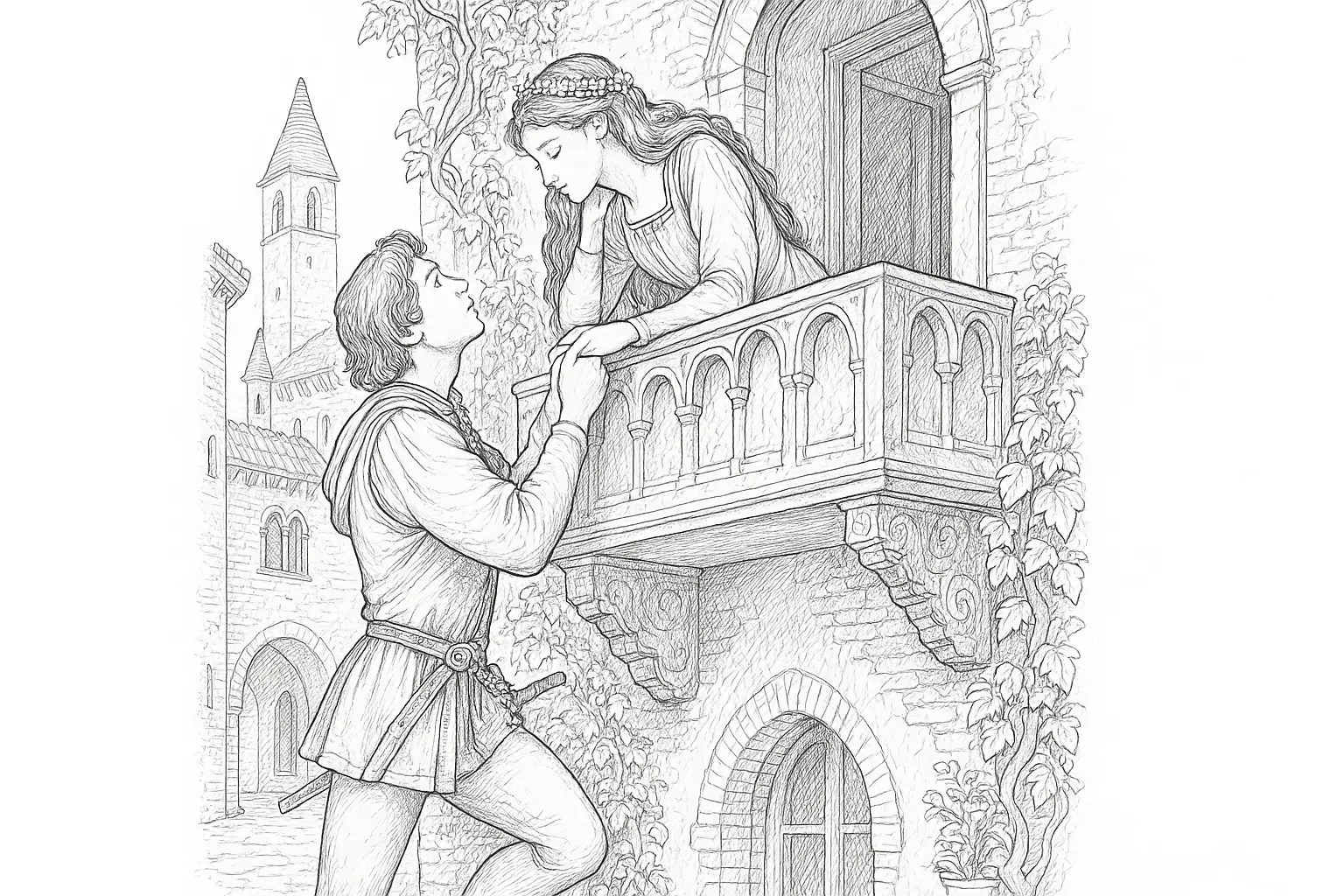 Romeo and Juliet on the Balcony – Coloring Page