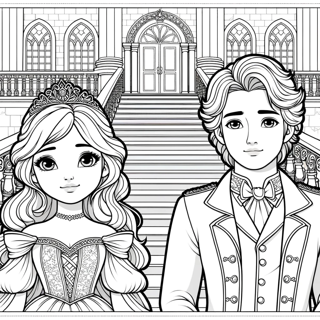 Royal Couple Ascends Castle Staircase - Ideal for Printing
