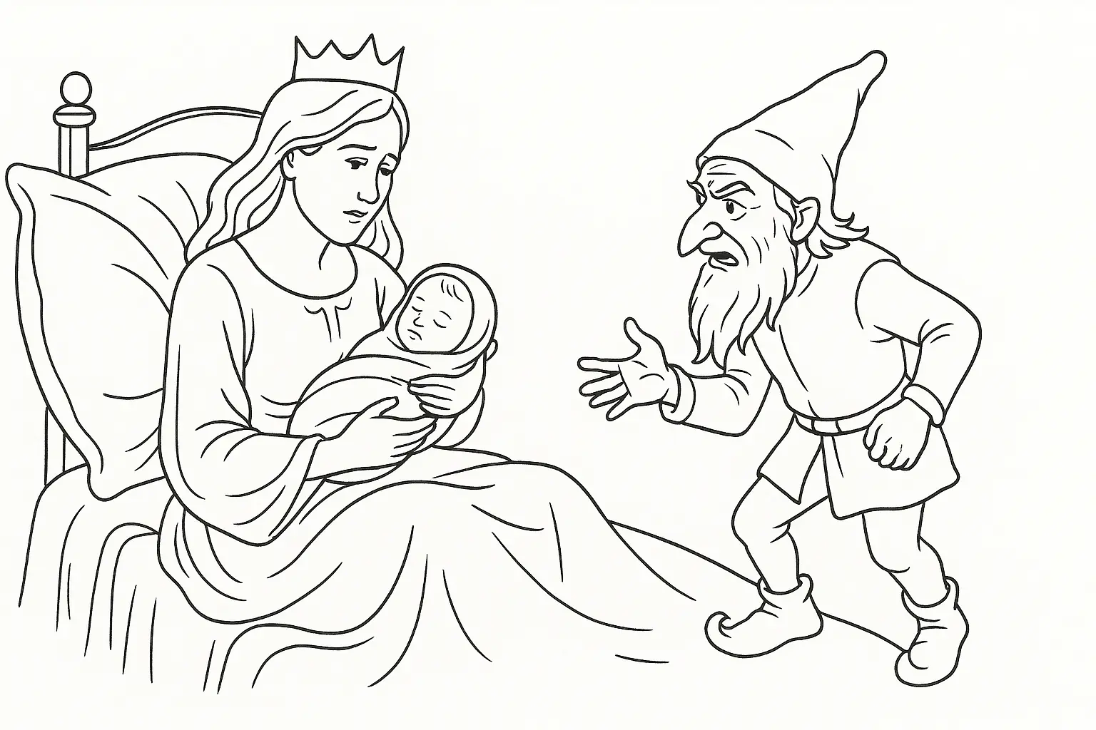 Rumpelstiltskin at the Child’s Birth – Coloring Page