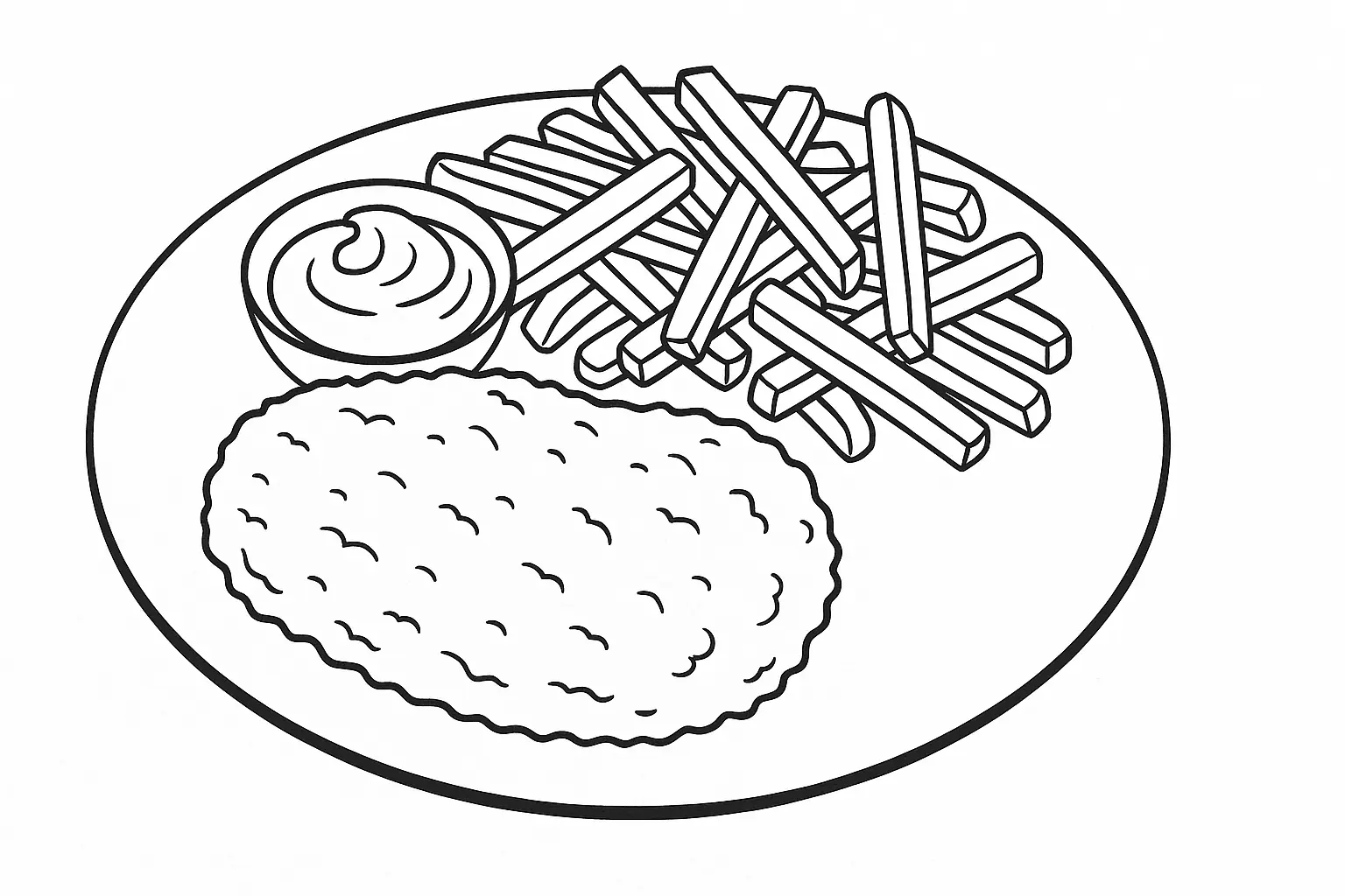 Schnitzel with Fries and Ketchup: Free Coloring Page