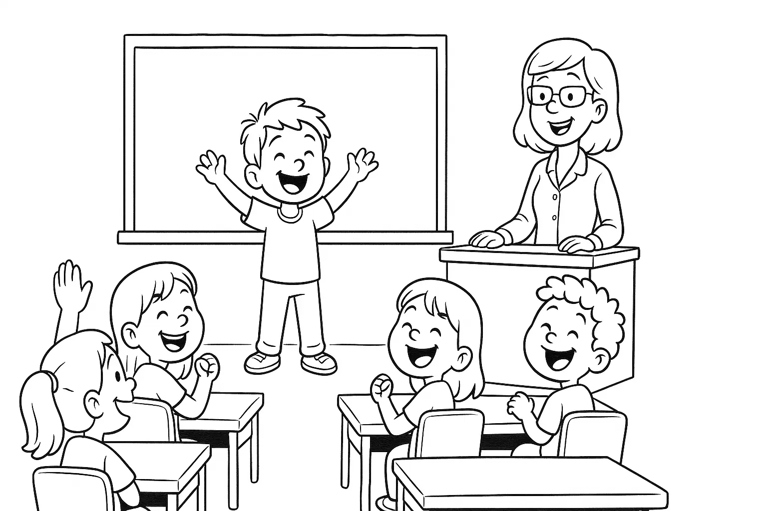 School Class Coloring Page – Kids Laughing in the Classroom