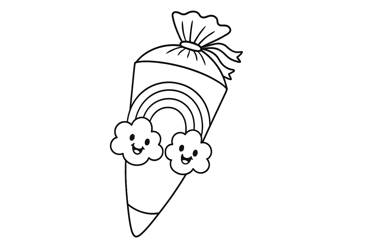 School Cone with Rainbow & Clouds – Free Coloring Page