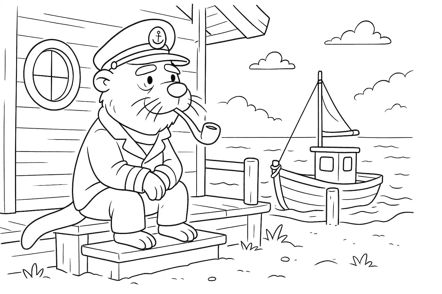 Sea Lion Captain – Calm Coloring Page with Boat & Sea