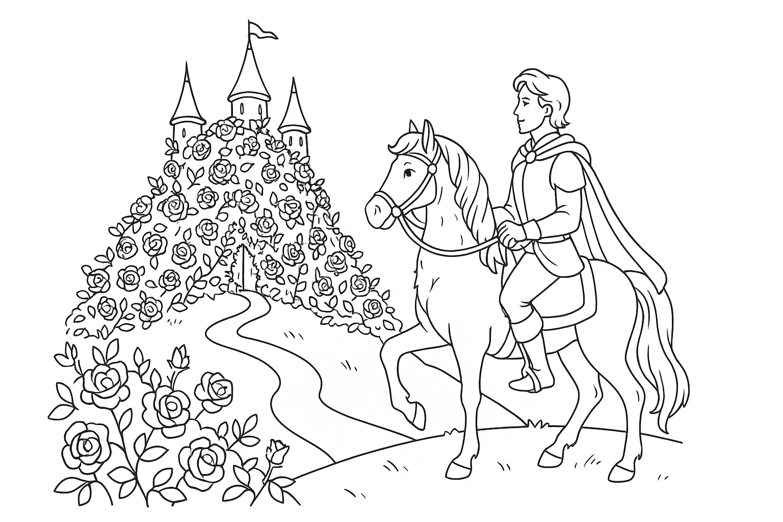 Sleeping Beauty Coloring Page: Prince Riding to the Castle