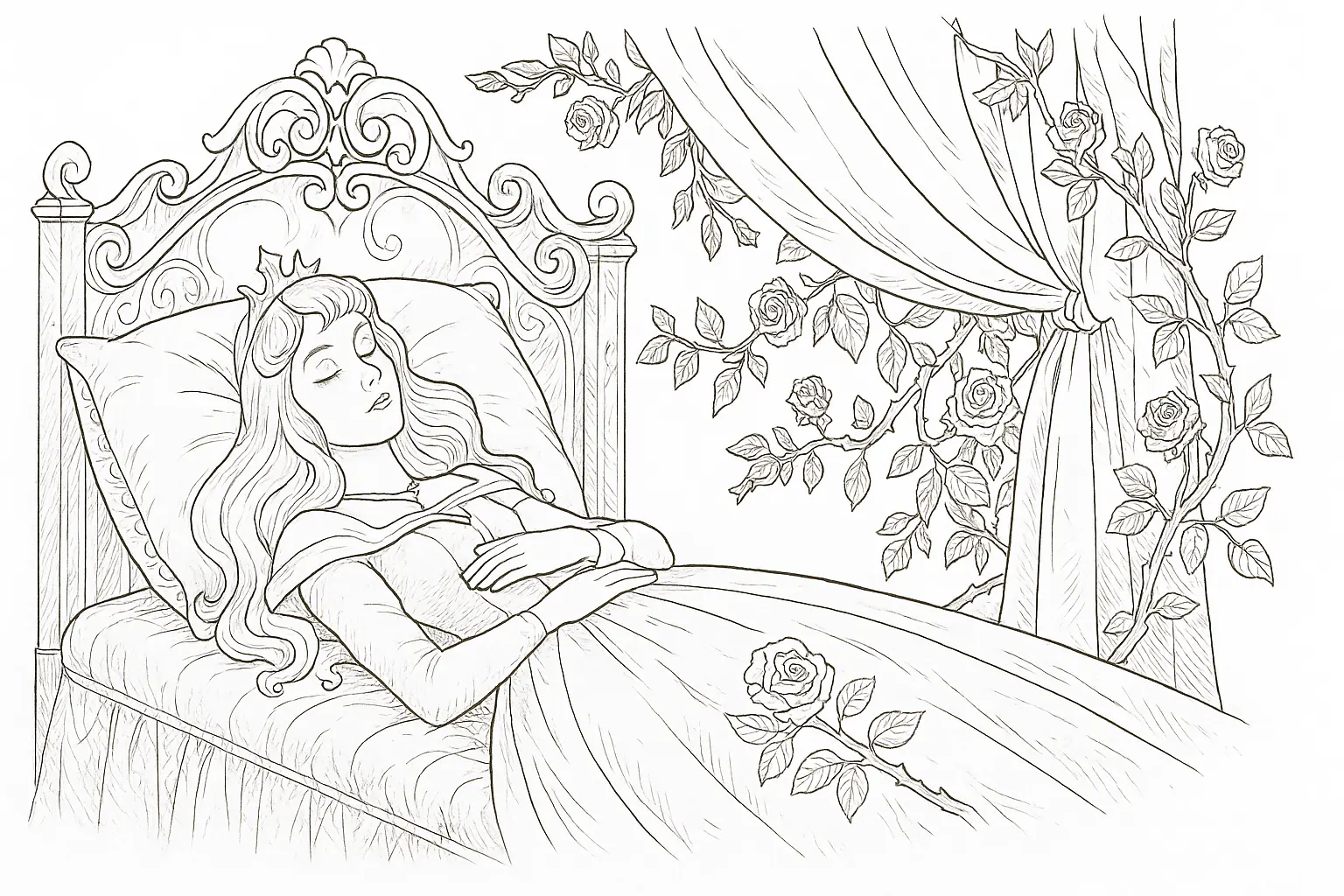 Sleeping Beauty in the Royal Bed – Free Coloring Page