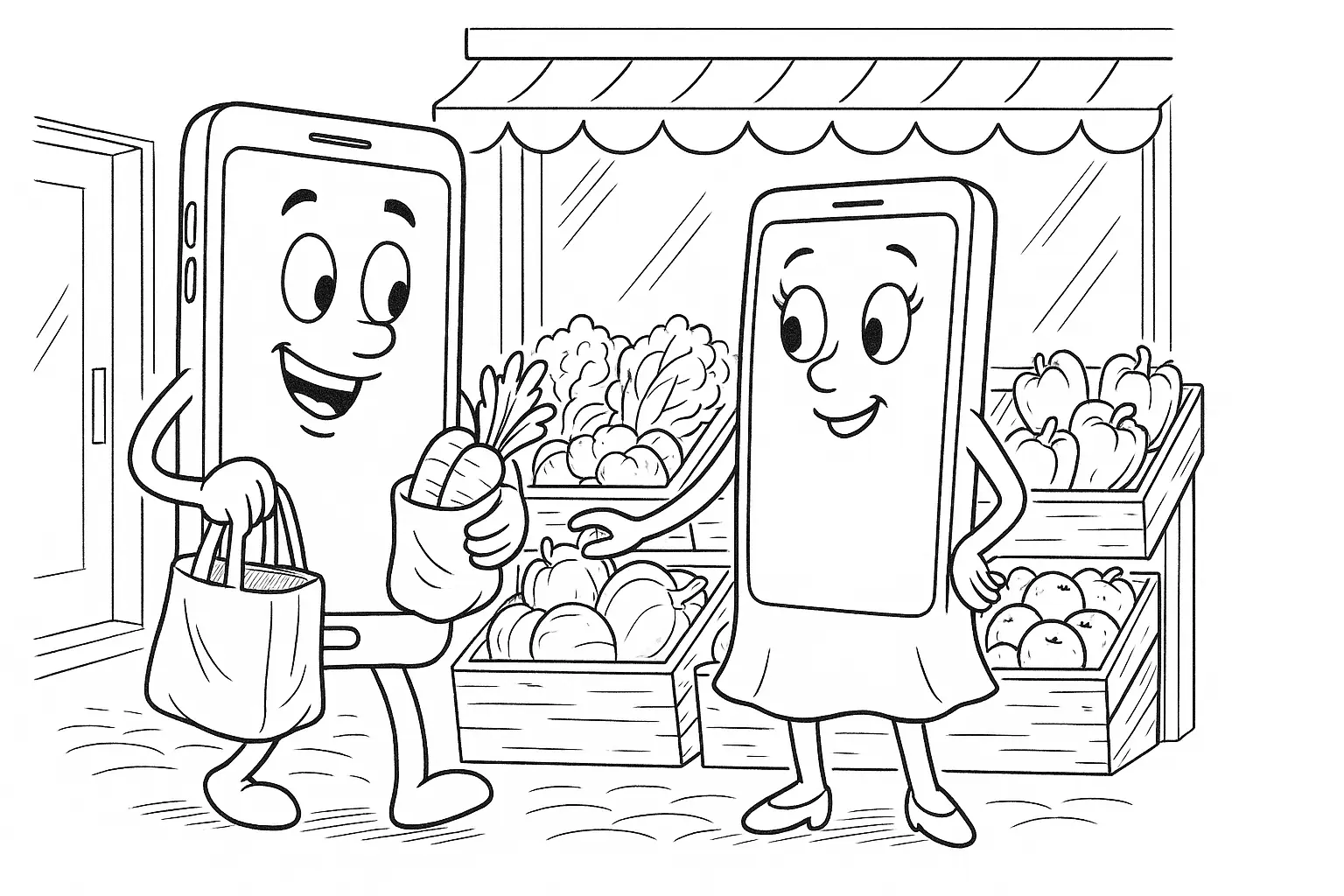Smartphones Shopping – Market Stall Coloring Page