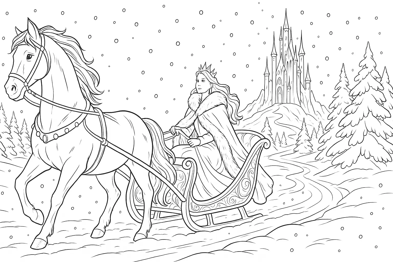 Snow Queen in a Horse-Drawn Sleigh – Coloring Page