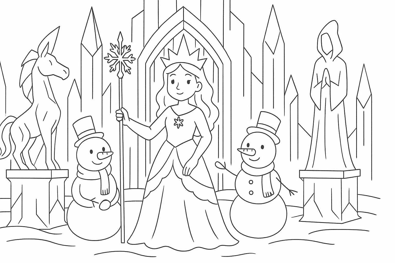 Snow Queen With Scepter and Palace – Free Coloring Page