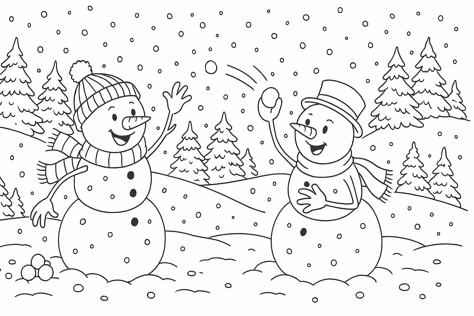 Snowmen in a Snowball Fight – Coloring Page