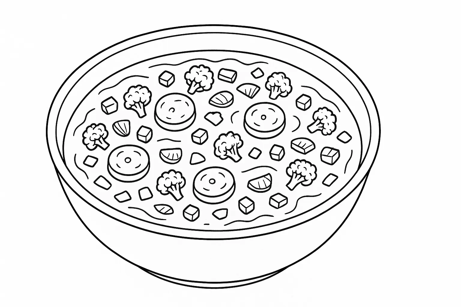 Soup Coloring Page with Vegetables and Sausages – A4 PDF