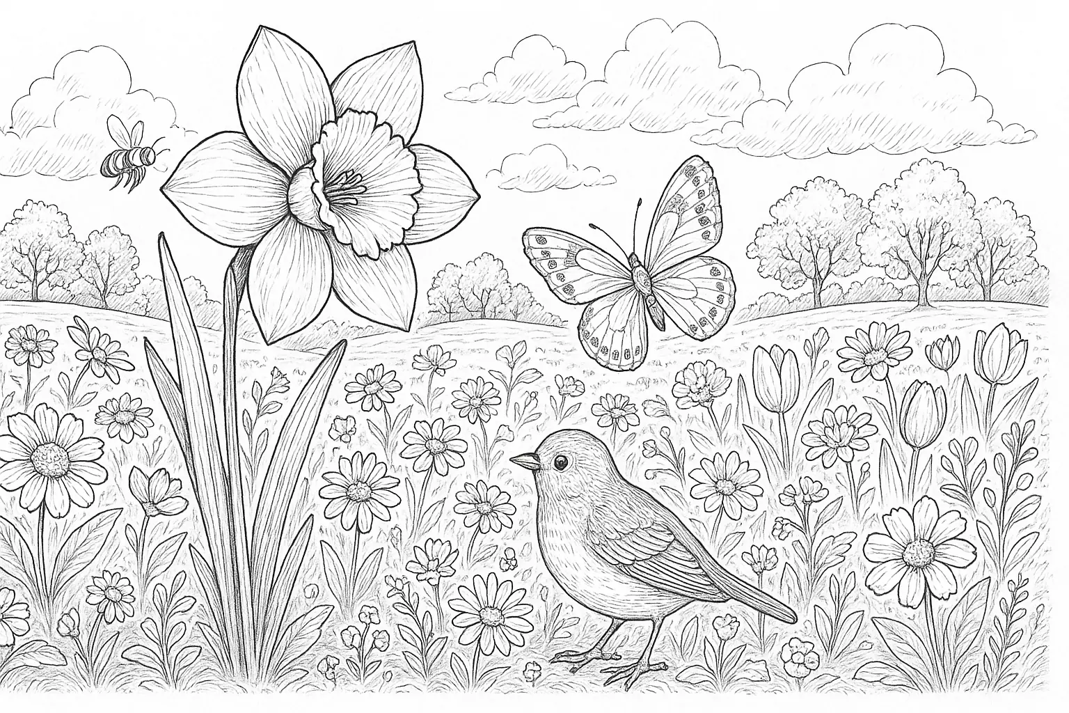 Spring Coloring Page: Flower, Butterfly & Bird