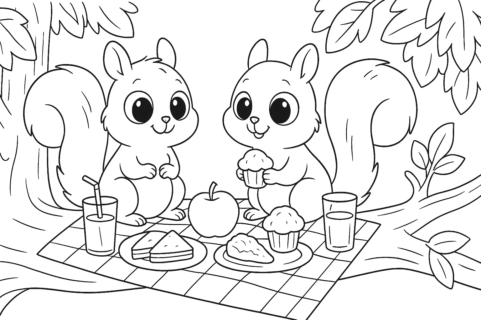 Squirrels Having a Picnic – Free Animal Coloring Page
