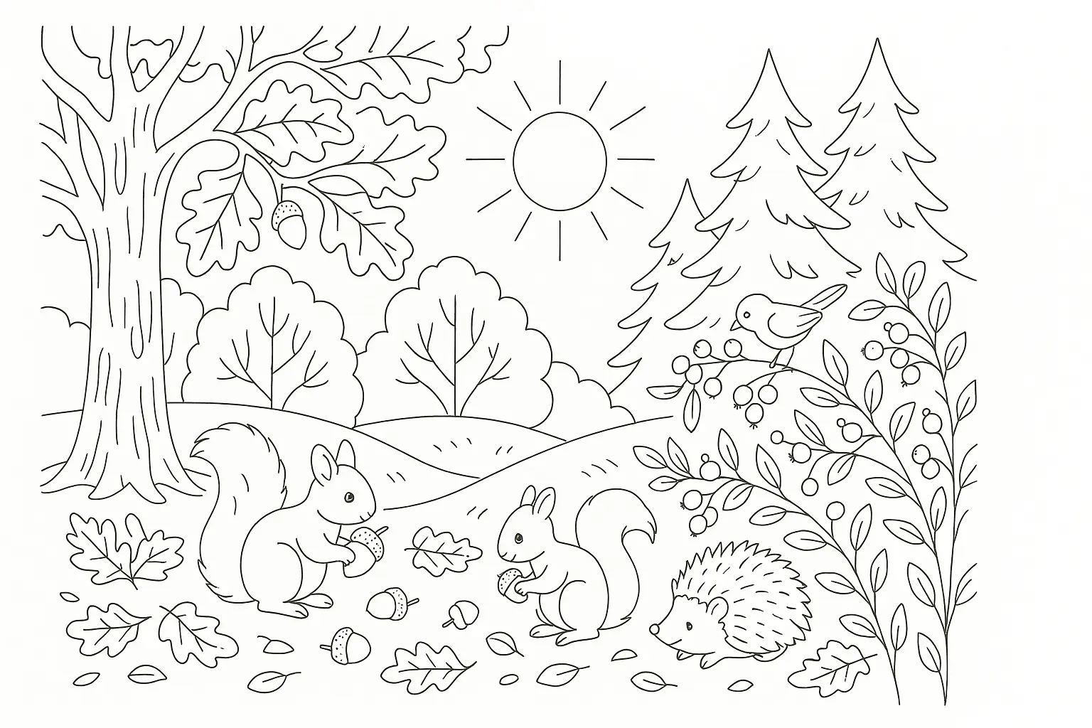 Squirrels in the Forest – Free Coloring Page