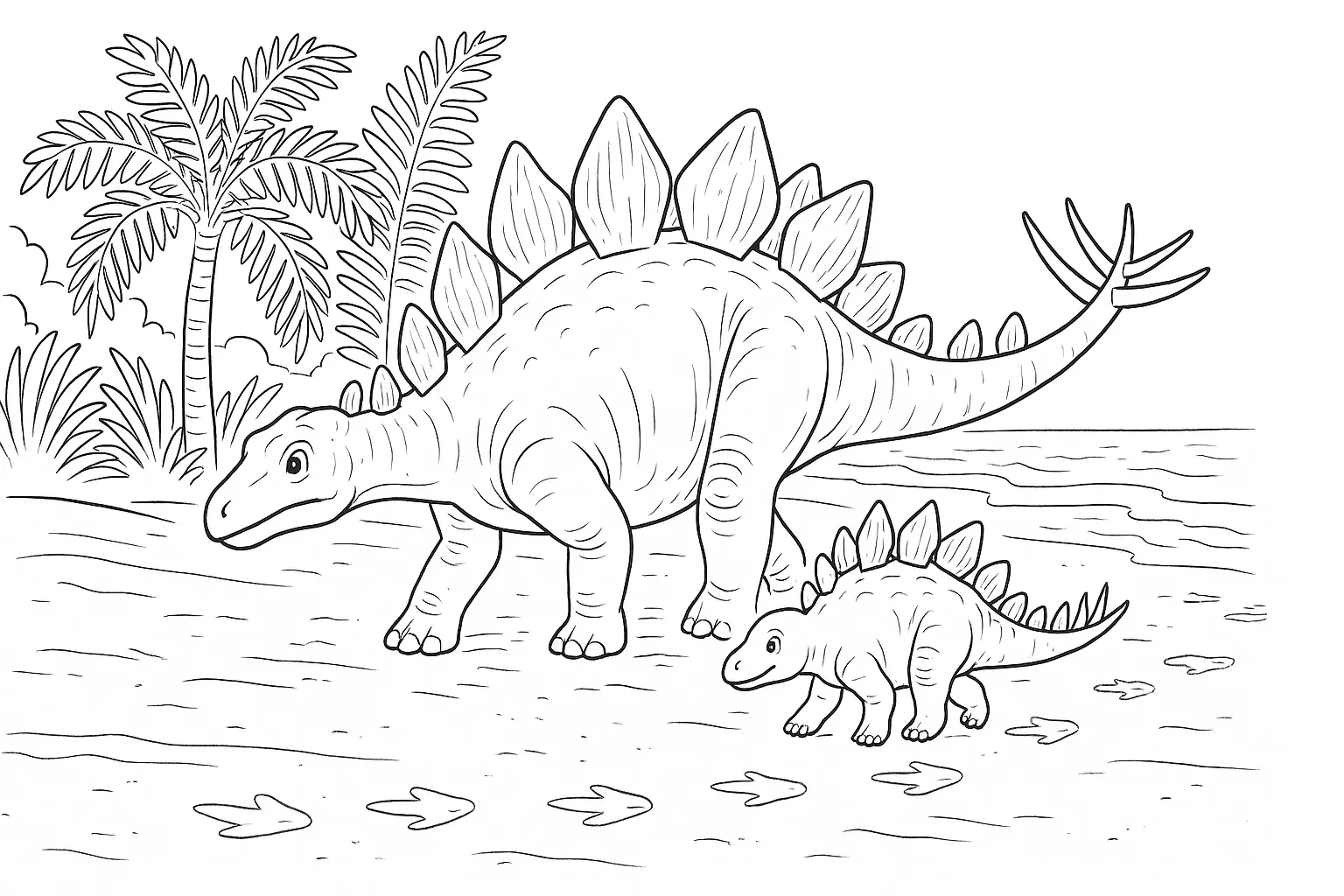 Stegosaurus Coloring Page: Dino with Juvenile at the Shore