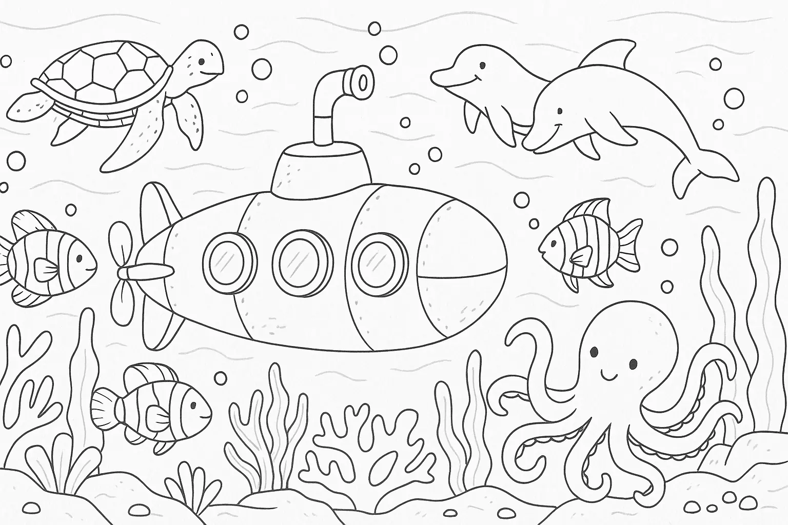 Submarine with Marine Animals Underwater