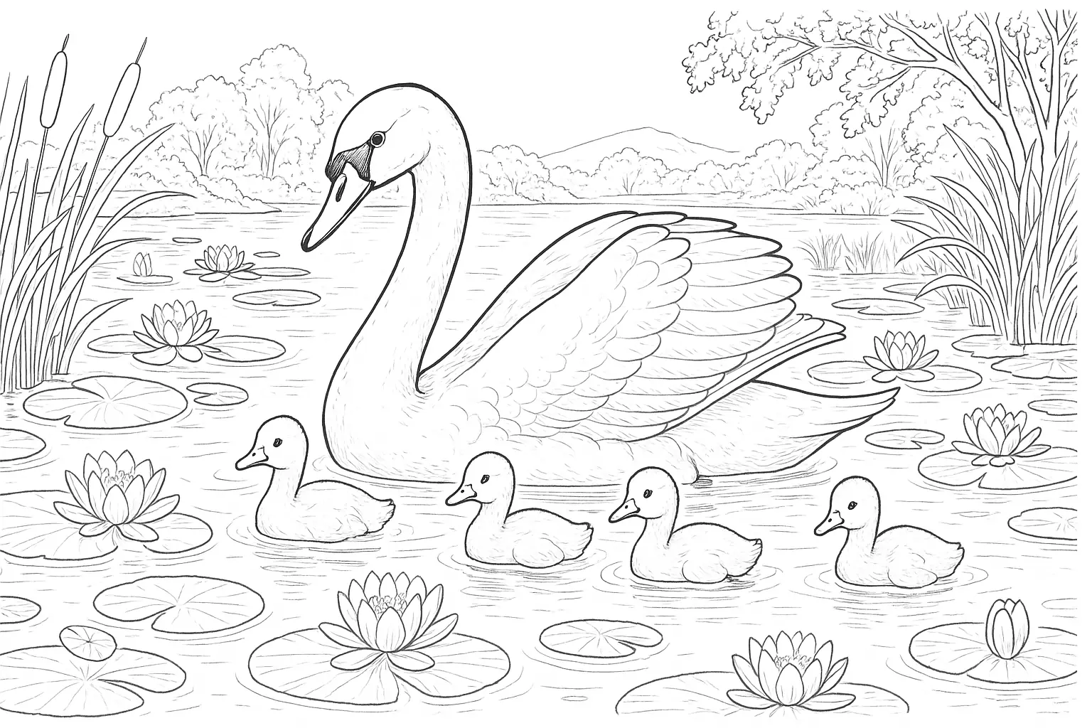 Swan with Cygnets – Coloring Page with Water Lilies