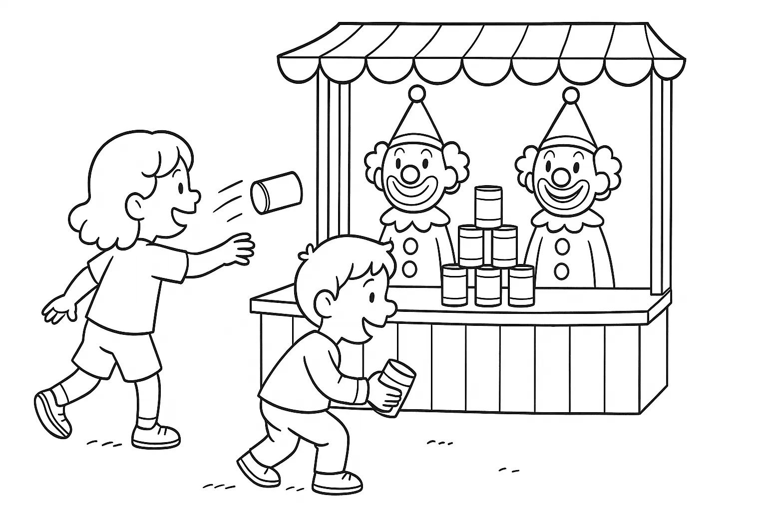 Tin Can Toss Coloring Page – Fairground & Clowns