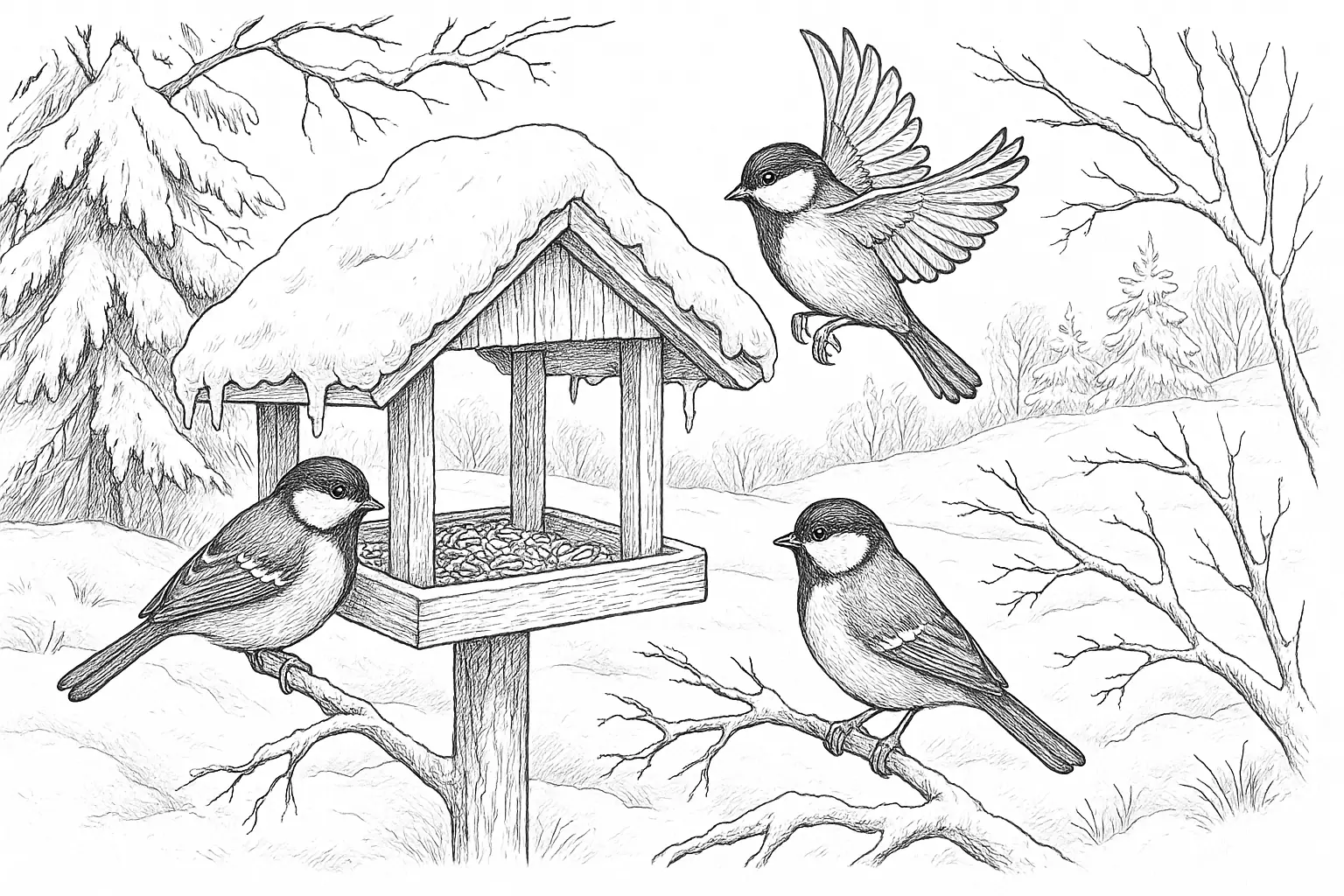 Tits at the Bird Feeder – Winter Coloring Page PDF