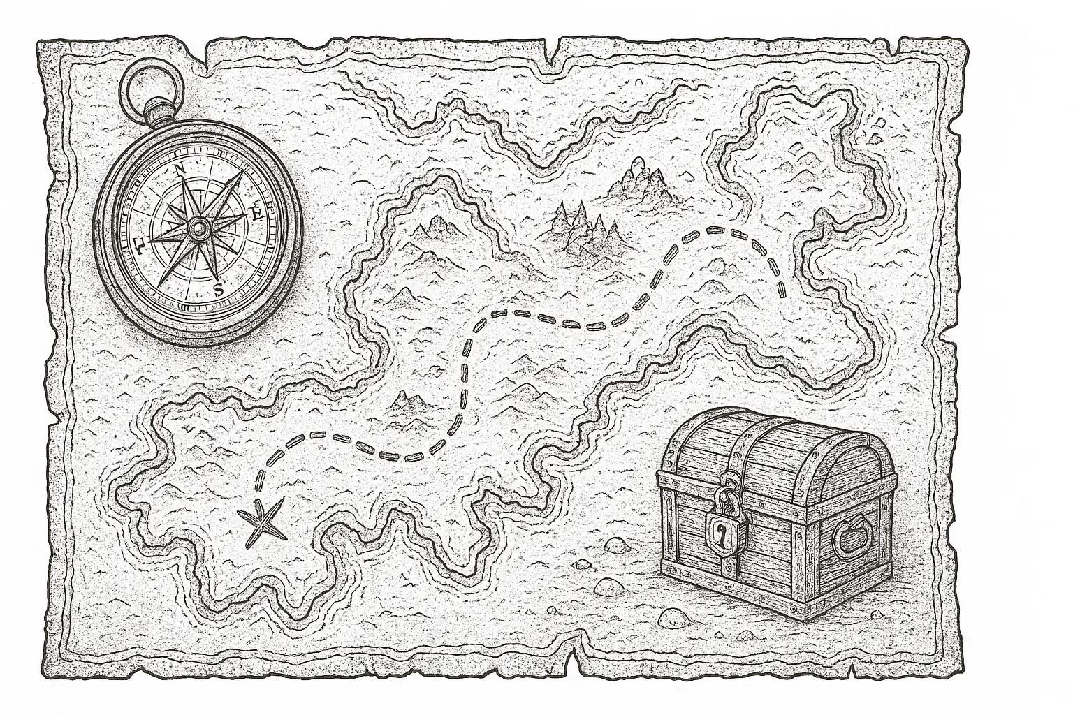 Treasure Map with Compass and Treasure Chest