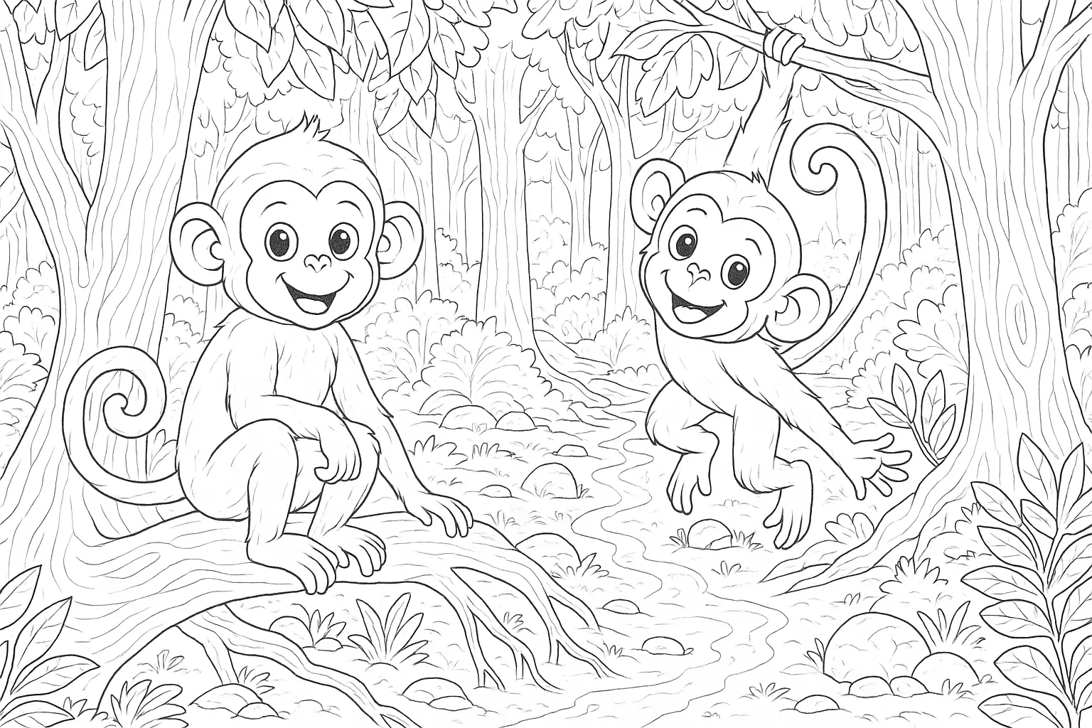 Two Little Monkeys Playing in the Forest