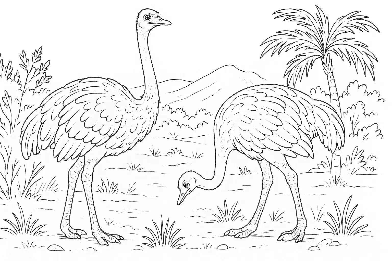 Two Ostriches in the Field – Free Coloring Page