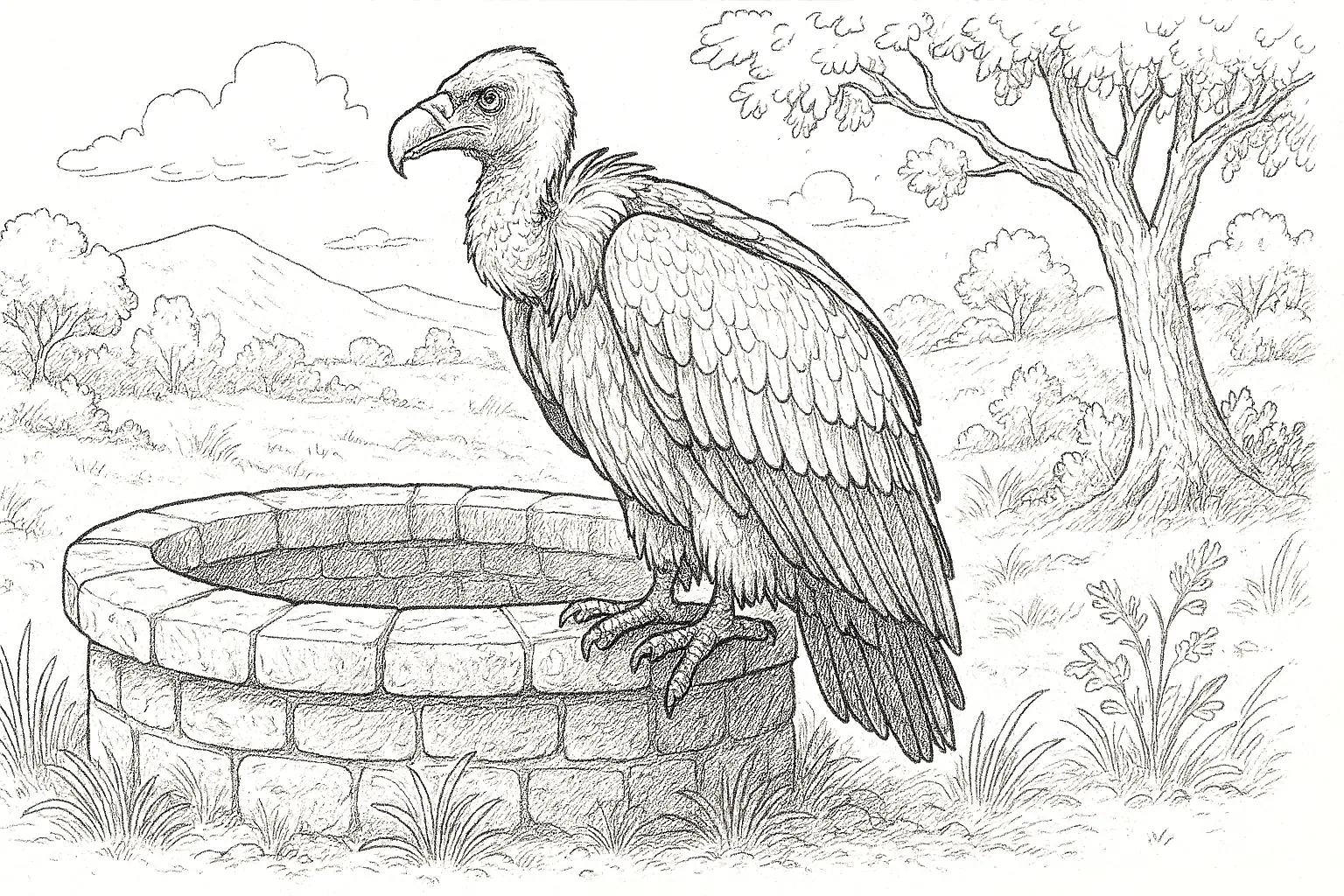 Vulture at the Well – Wildlife Coloring Page PDF